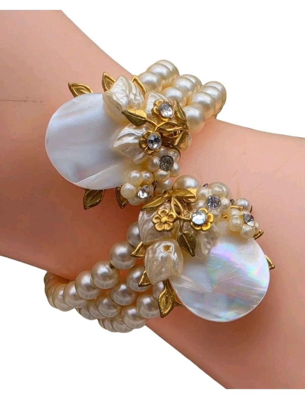 Vintage Miriam Haskell Style Mother of Pearl Floral Wrap Bracelet Faux Pearls